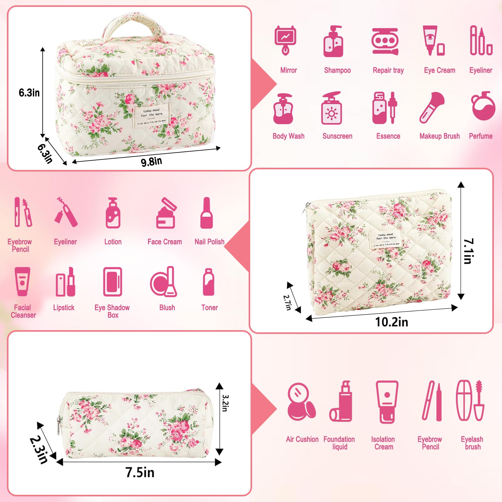 URSKYTOUS 3Pcs Cotton Quilted Makeup Bag for Women Girls Large Small Travel Pink Floral Cosmetic Bags Set Cute Coquette Makeup Pouch for Purse Aesthetic Cloth Flower Storage Toiletry Bag Organizer