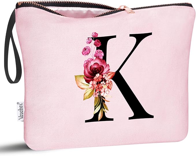 Vavabox A-Z Personalized Makeup Bag, Birthday Gifts for Women Mom, Gifts for Best Friend, Bride Bridesmaid Cosmetic bag (K, 06-Pink)