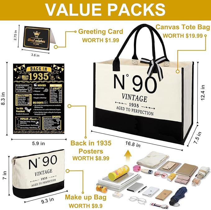 90th Birthday Gift for Women-N°90 Canvas Tote Bag,Makeup Bag,Back in Poster