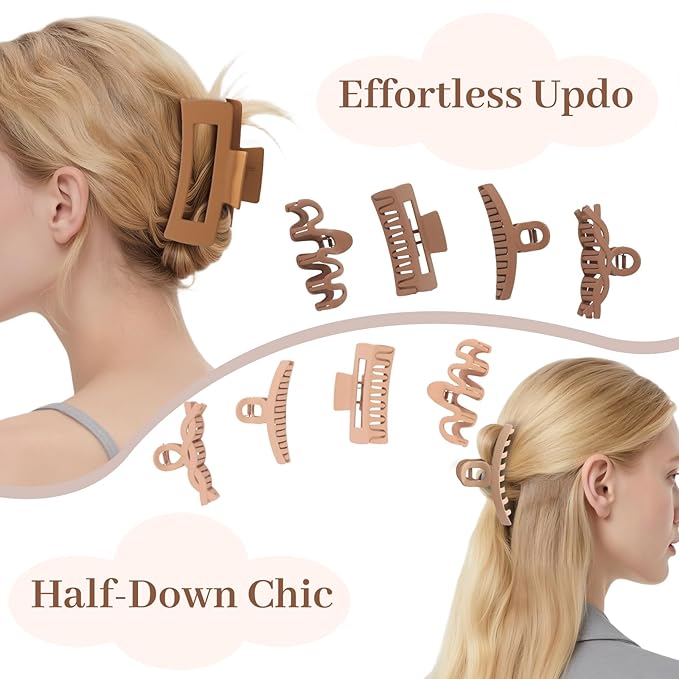 Matte Non-Slip Large Hair Clips for Women 8PCS (4 Beige+4 Khaki)