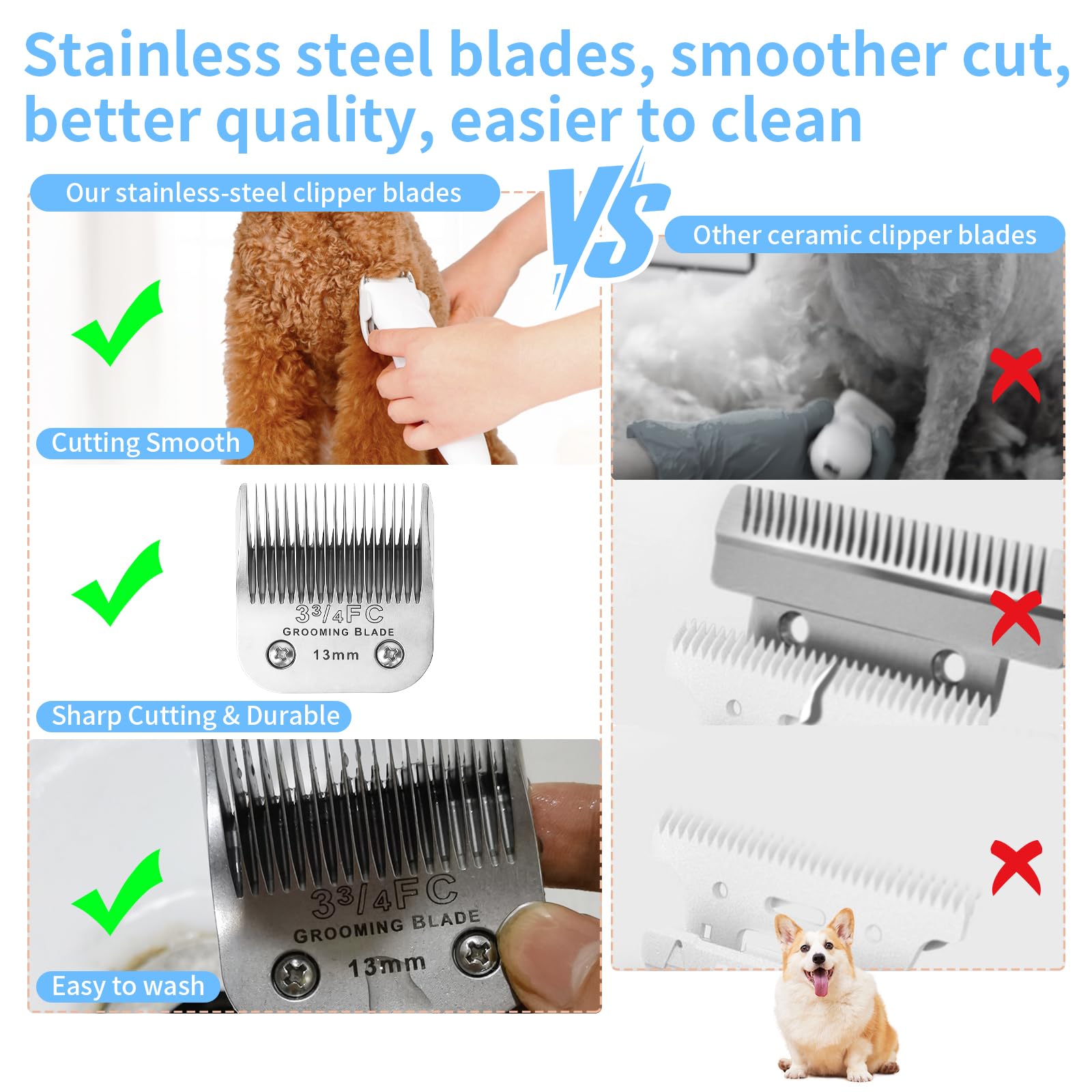 MEMIRY 3 Pcs Size 3-3/4FC Detachable Dog Grooming Blades, Compatible with Andis, Oster A5, Wahl KM10 Series Clippers, Cut Length 13mm, Silver(3-3/4FC 13mm, 3Packs)