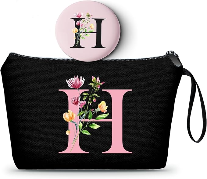 A-Z Personalized Bridesmaid Gifts, Initial Makeup Bag with Mirror, H