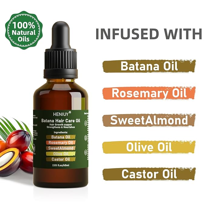 HENIUY Battana Hair Care Oil – 2Fl Oz Natural Rosemary & Sweet Almond Oil Blend for Hair Growth & Repair – Organic, Vegan, Cruelty-Free – Lightweight, Non-Greasy Formula for Women & Men