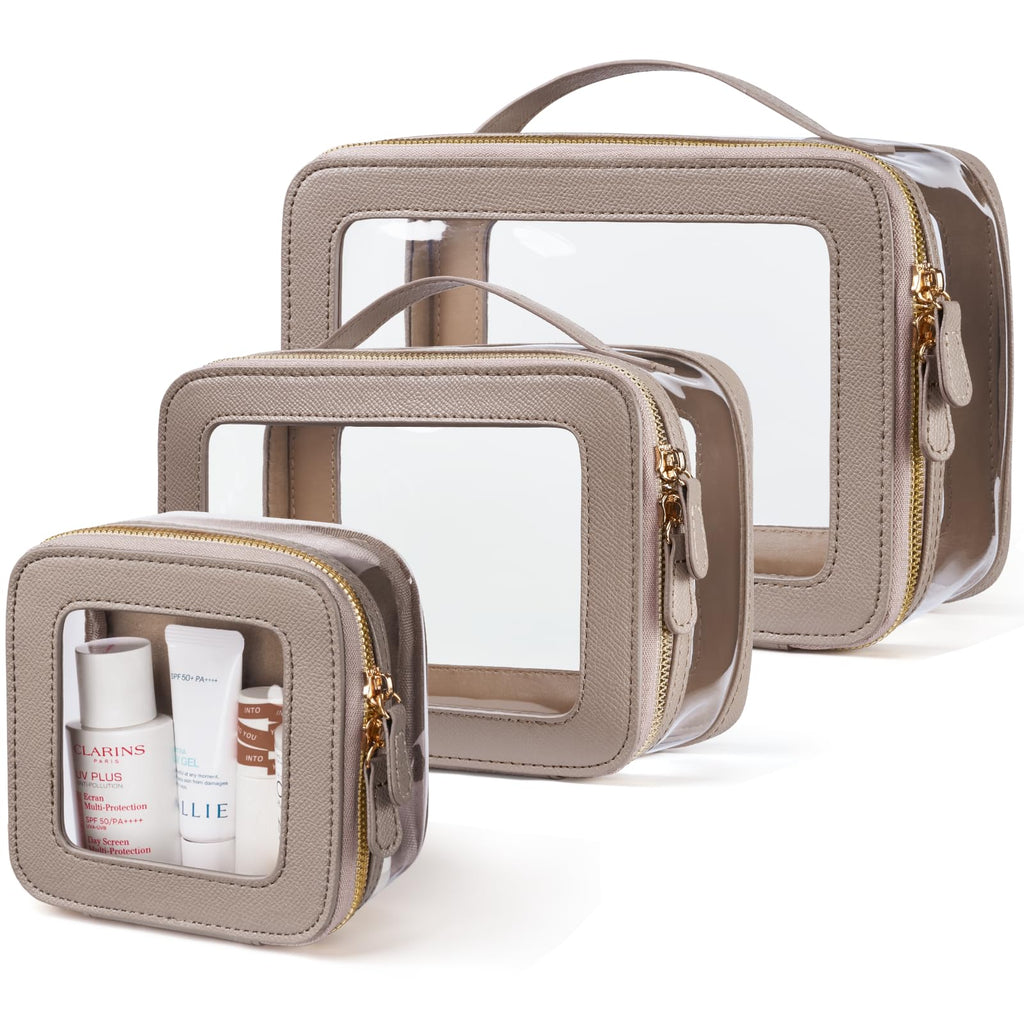 Oaque Clear Cosmetic Bag Set for Women Makeup Bag with Handle, 3 Pcs Travel Toiletry Bag Transparent Cosmetic Case Portable Make Up Organizer Bag for Essentials (Stone, Mini+S+L)