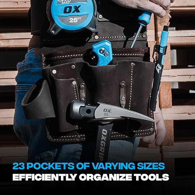 OX Pro Drywall Tool Belt - 22-Pocket Leather Tool Belt Pouches - (XL) Made of Oil-Tanned Leather with Double-Stitching and Steel Rivets for Men OX-P263806