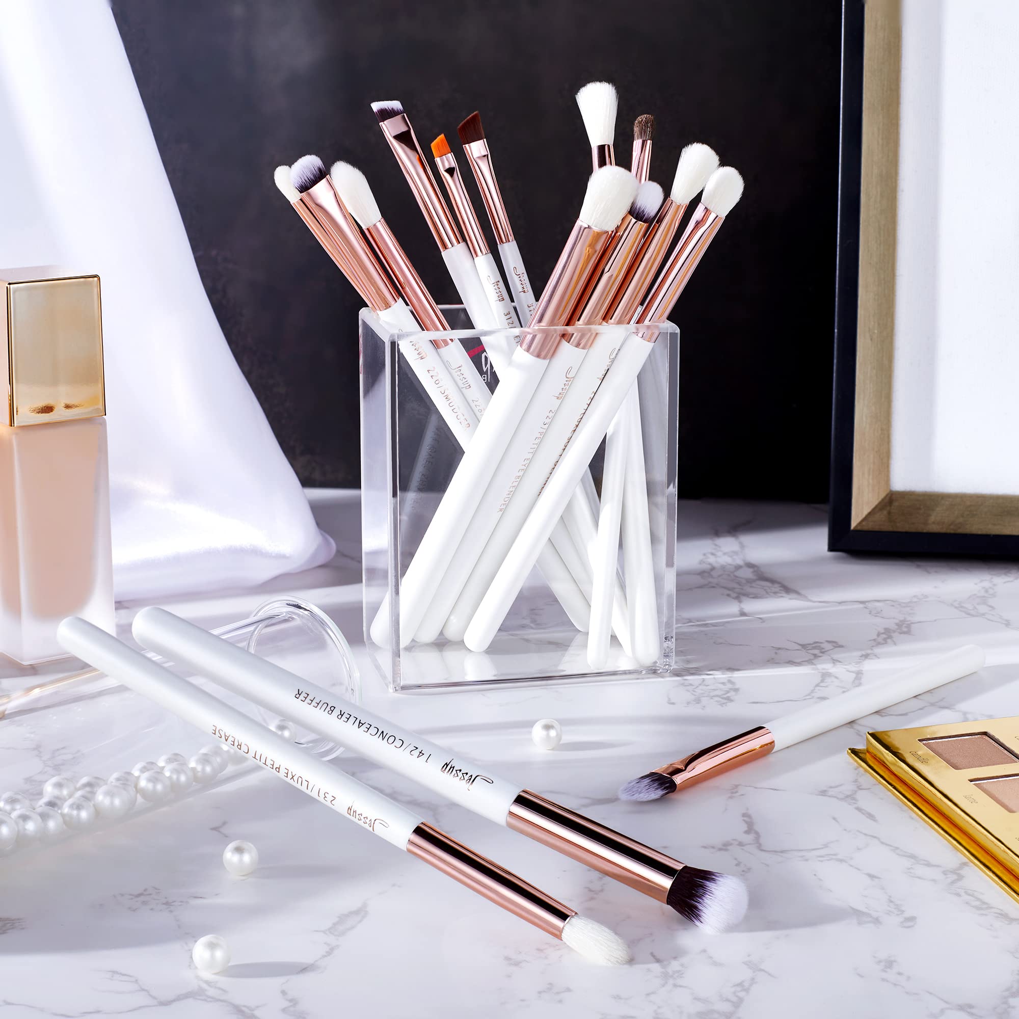 Jessup Eye Makeup Brush Set Professional 15pcs White/Rose Gold Premium Natural-synthetic Eye Shadow Blending Concealer Eye & Brow Liner Brushes, T217