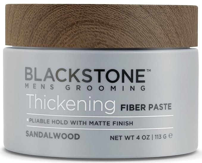 Blackstone Men's Grooming Thickening Fiber Paste Gel for Hair Styling - Adds Volume with Pliable Hold & Matte Finish | Paraben Free, Sandalwood (4 oz)