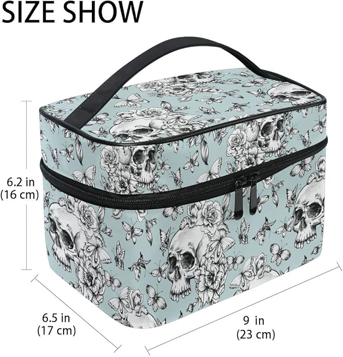 MNSRUU Skull Makeup Bag, Vintage Goth Skull Butterfly Makeup Organizer Bags Toiletry Bag Box Travel Cosmetic Bag Make Up Train Case for Women Teen Girl Ladies