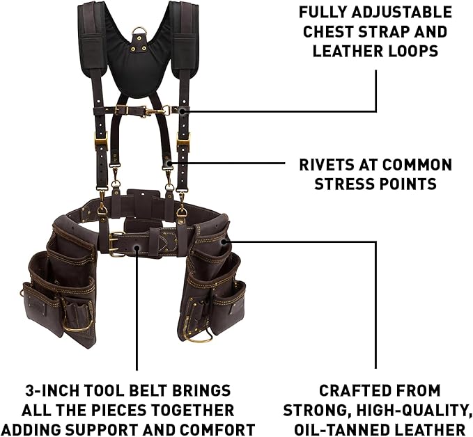 OX Pro Oil‑Tanned Leather Carpenter Tool Belt with Padded Suspenders & Dual Hammer Loops