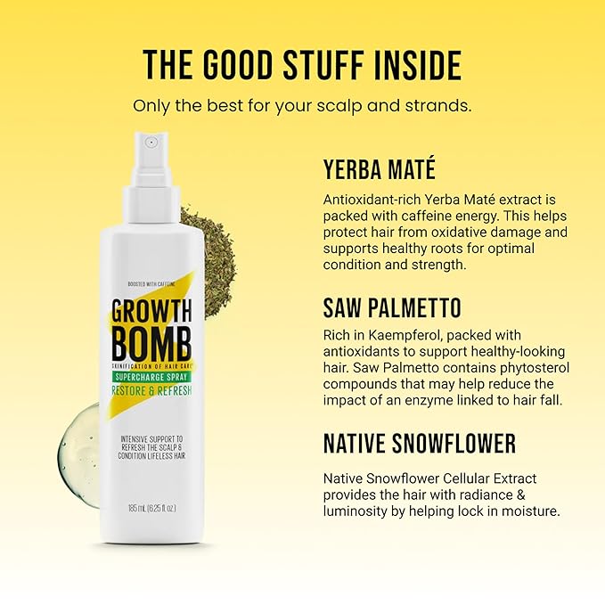 Growth Bomb Supercharge Spray - Leave in Conditioner Spray, Detangler & Scalp Treatment Spray for Curly, Straight, Wavy, Dry, Frizzy Hair, Lightweight Hydration to Support Healthy Growth - 185 mL