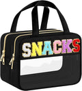 BuyCard Chenille Letter Clear Makeup Bags, Snacks Bag for Travel, Preppy Patch Nylon Cosmetic Bag with Handles and Zipper, Waterproof Large Clear Travel Toiletry Bag Storage Bag for Women Black