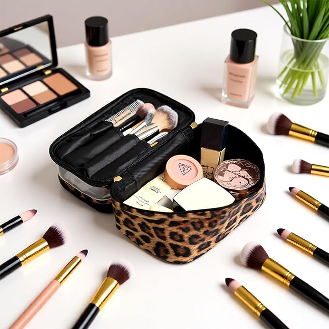 imerelez Double-layer Cosmetic Bag Makeup Bag Travel Makeup Bag Makeup Bags for Women Cosmetics Cases Portable Waterproof Foldable (Leopard)