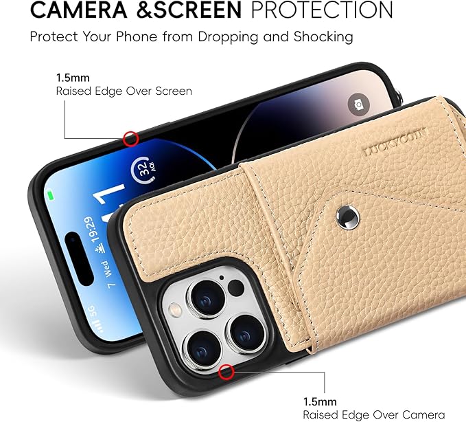 LUCKYCOIN Crossbody Wallet Phone Case for iPhone 14 Pro Max,100% Genuine Leather Wallet Phone Case with Expandable Flip Card Holder,Phone Purse for Women with Adjustable Removable Strap - Pebble Beige