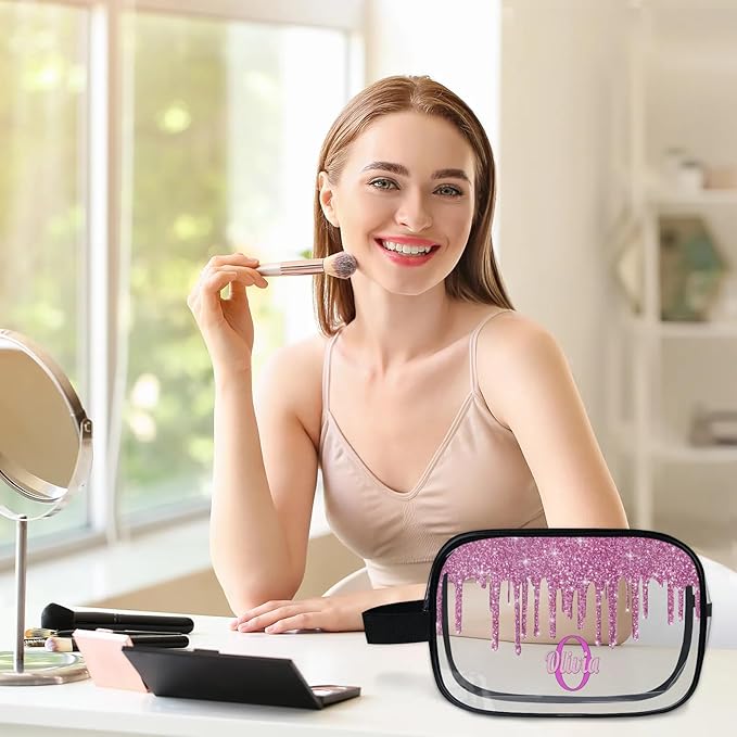 KFNHN Personalized Transparent Travel Cosmetic Bag Waterproof Makeup Bags, Custom Name Clear Organizer Case Toiletries Container Bag, Orchid Pink Water Fluid Shape Shiny Glitters