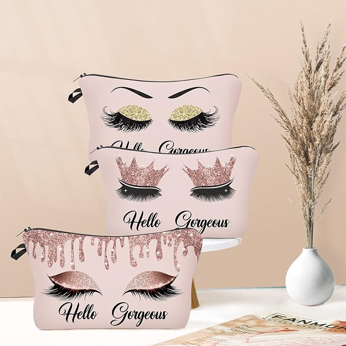 Baobeily Hello Gorgeous Makeup Bag for Purse Eyelash Pink Cosmetic Bags for Women Inspirational Gift Small Funny Cosmetics Glitters Eyeshadows Travel Bag Cases for Toiletries Accessories Organizer