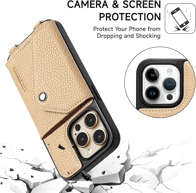 LUCKYCOIN Crossbody Phone Case for iPhone 14 Pro,100% Genuine Leather Phone Wallet Case for Women, Premium Hands-Free Phone Purse with Expandable Flip Card Holder & Adjustable Strap - Pebble Beige