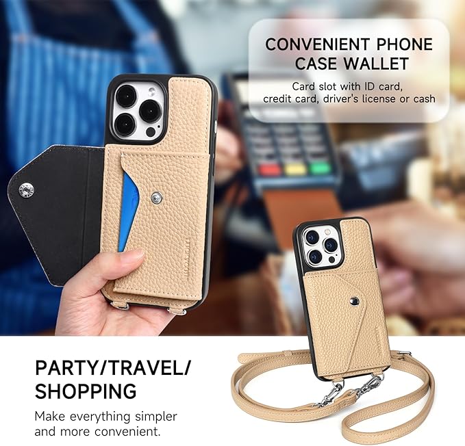 LUCKYCOIN Crossbody Phone Case for iPhone 14 Pro,100% Genuine Leather Phone Wallet Case for Women, Premium Hands-Free Phone Purse with Expandable Flip Card Holder & Adjustable Strap - Pebble Beige