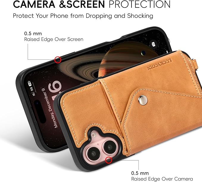 LUCKYCOIN Crossbody Phone Case for iPhone 16,100% Genuine Leather Phone Wallet Case for Women, Fashion Premium Hands-Free Phone Purse with Expandable Flip Card Holder & Adjustable Strap - Retro Tan