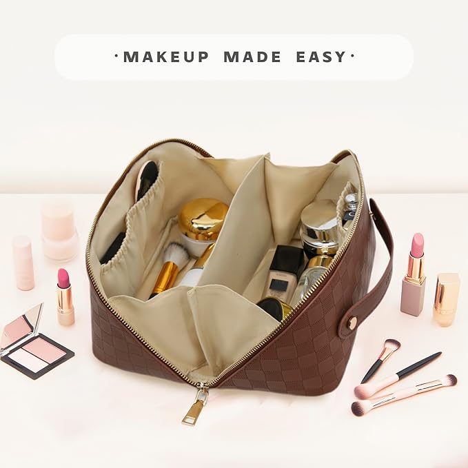 JINYIBAGS Travel Makeup Bag – Large Cosmetic Organizer with Waterproof PU Leather, Smooth Double Zipper & Tear-Resistant Lining, Toiletry Pouch for Women (Brown)