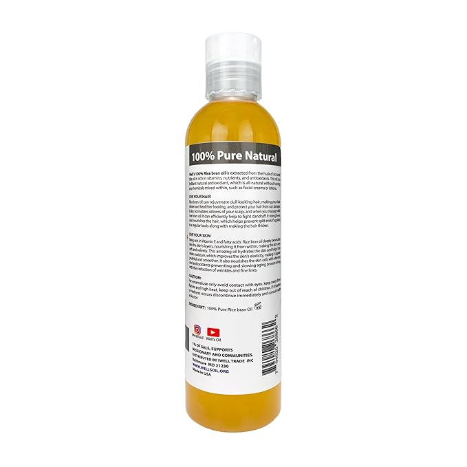 Well’s Oil Rice Bran Oil 8 oz | 100% Pure Rice Bran Oil (Carrier Oil) | For Skin & Hair | DIY Creams & Lotions