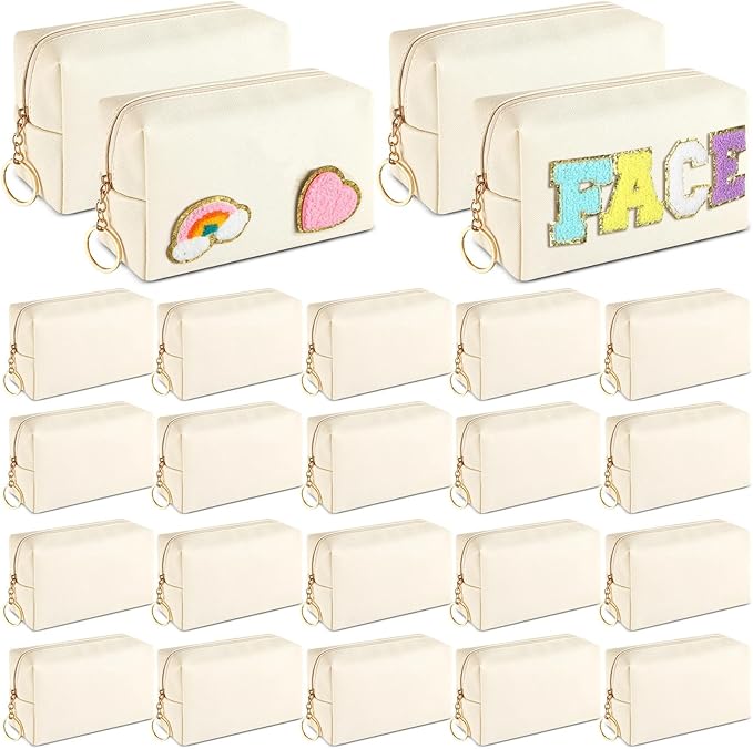 Chunful 24 Pcs Preppy Makeup Bag PU Leather Cosmetic Bag Bulk Makeup Plain Pouch Waterproof Toiletry Purse for Women Traveling Preppy Pencil Case Valentine's Day Gifts(Beige)