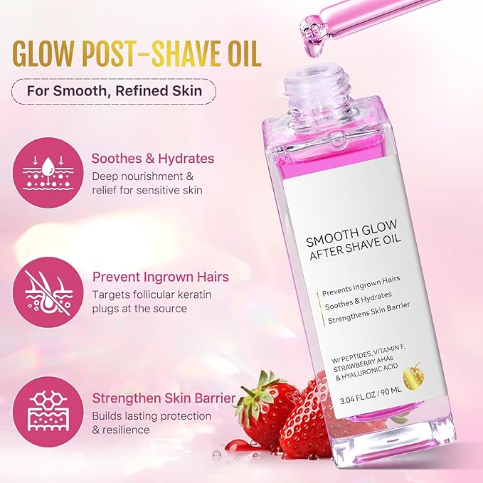WeiWeiLa After Shave Oil, Women's Smooth Glow After Shave Oil 90ml - Prevent Ingrown Hairs & Razor Bumps, Strawberry AHA & Peptides for Soothing Hydration, Fast Absorbing, Vegan, Sensitive Skin Care