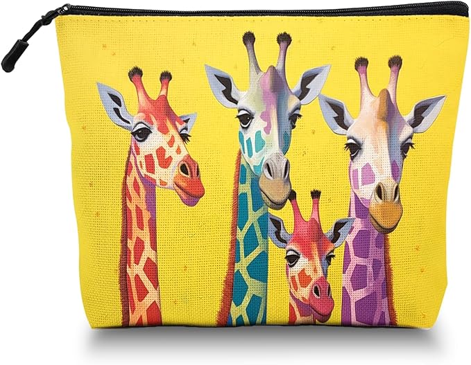 Scribesense Cosmetic Bags Travel Makeup Toilet Case Waterproof Pouch for Women Girls 6.7X9.45inches - Colorful Giraffes Against A Yellow Background