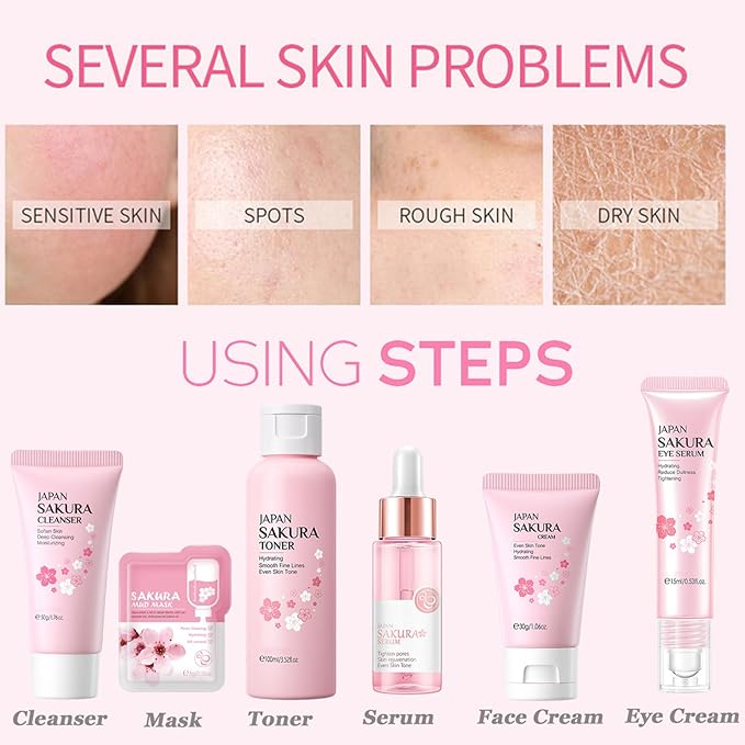 Sakura Skin Care Set, Skincare for Girls 10-12, Birthday Gifts for Teen Girls,Travel Size Set -7Pcs Cherry Blossom Hydrating Routine Kit for Women (One Size, Cherry Blossom-StyleA-Bae Moisturizing)
