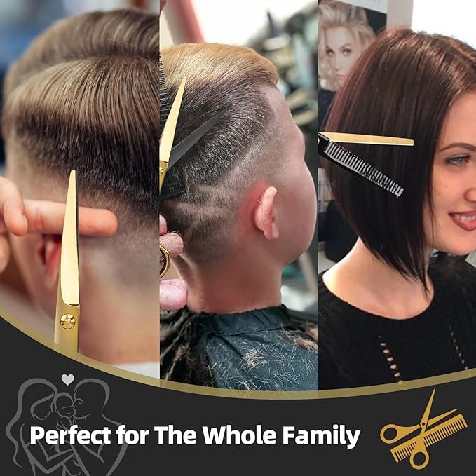 Ethyxe Hair Cutting Scissors Kit - 9 PCS Professional Haircut Scissors Set with Stainless Steel Straight and Thinning Shears for Home, Salon, and Barber Use (Black & Gold)