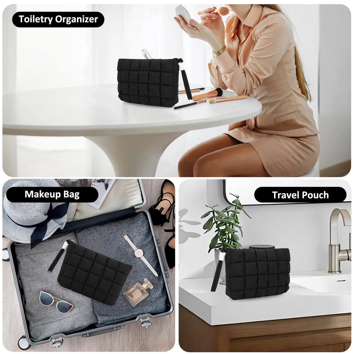 DOB SECHS Puffer Quilted Makeup Bag with Handle Detachable Women Cute Puffy Cotton Cosmetic Bag, Small Toiletry Zipper Make Up Pouch Purse, Checkered Storage Organizer Clutch Bag Travel Case, Black