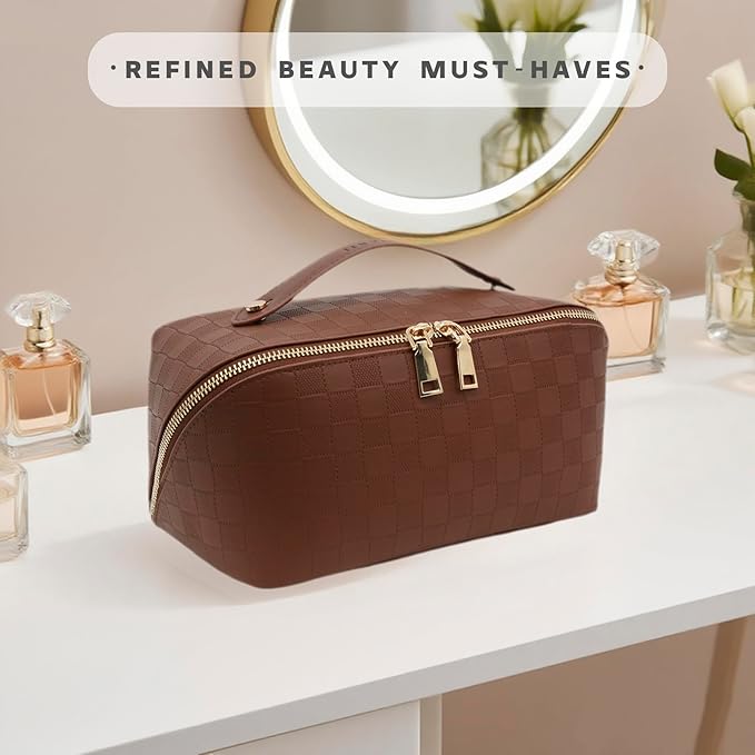 JINYIBAGS Travel Makeup Bag – Large Cosmetic Organizer with Waterproof PU Leather, Smooth Double Zipper & Tear-Resistant Lining, Toiletry Pouch for Women (Brown)