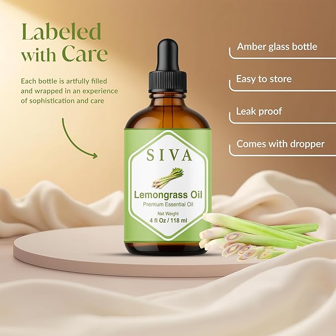 Siva Lemongrass Essential Oil 4 Fl Oz – for Diffuser, Skin & Hair Care – Ideal for Massage & DIY Blends- with Dropper