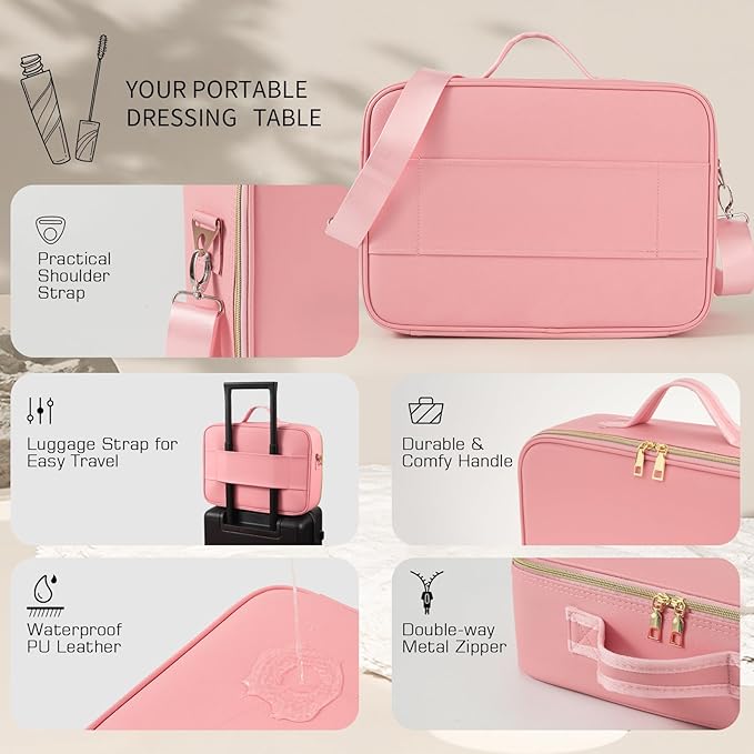 JJhxr 15''X11'' Makeup Bag with Removeable Lighted Mirror, Travel Makeup Case with 3 Color Lights Dimmable Brightness, Large Capacity Cosmetic Organizer Case with Detachable Dividers & Shoulder Strap