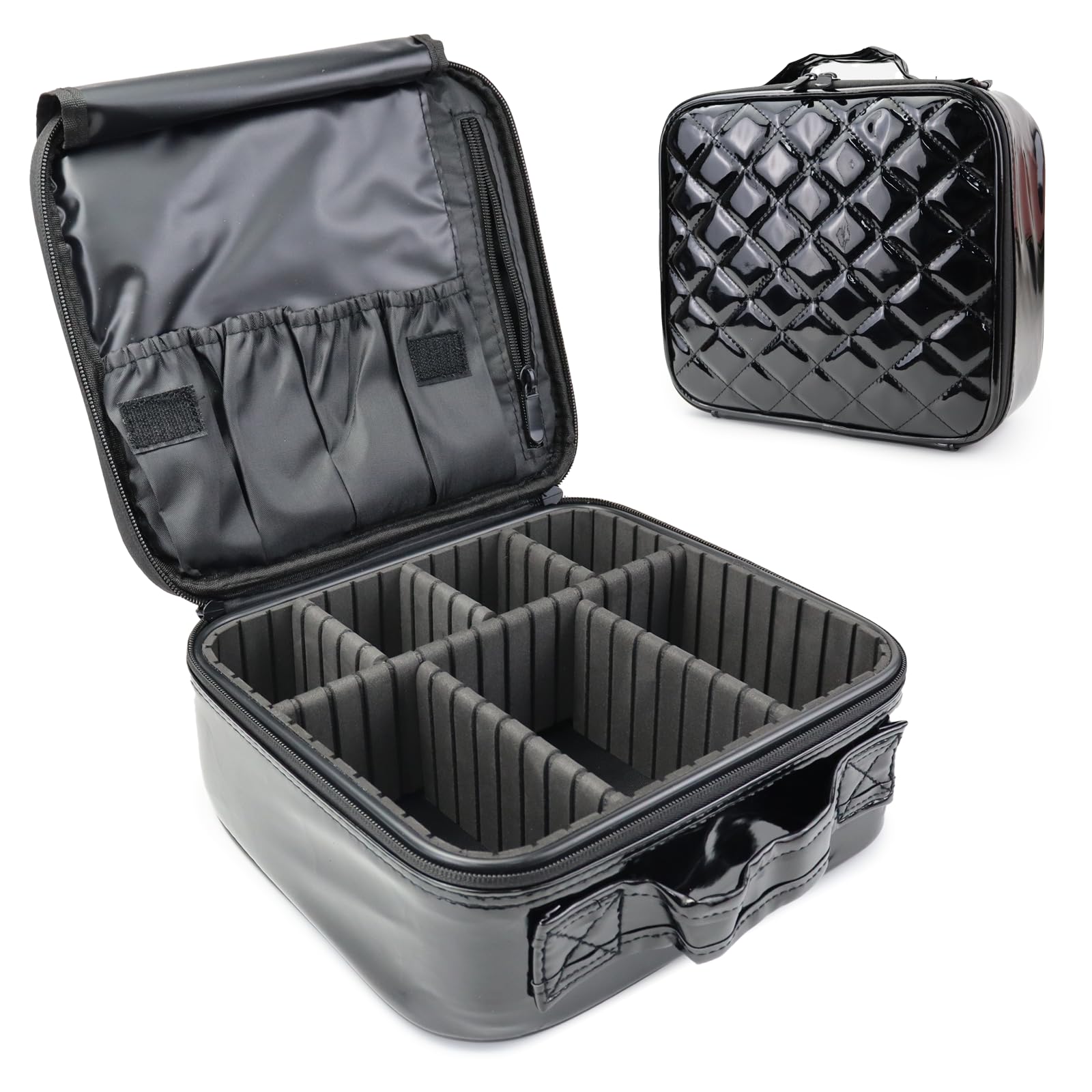 SLUMAZI Travel Makeup Bag Makeup Cosmetic Train Case Organizer Portable Storage Bag with Adjustable Dividers for Cosmetics Makeup Brushes Toiletry Jewelry Black Laser Grid Pattern