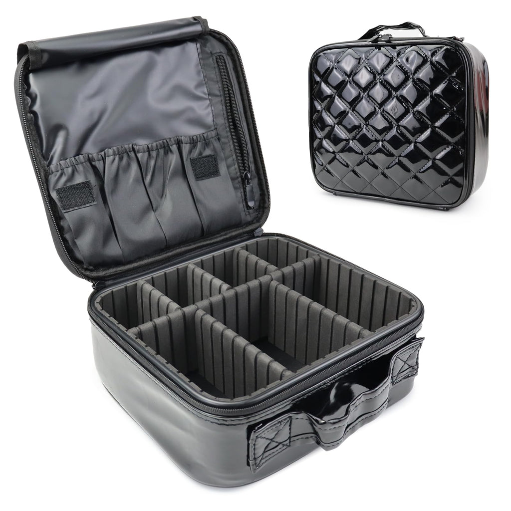 SLUMAZI Travel Makeup Bag Makeup Cosmetic Train Case Organizer Portable Storage Bag with Adjustable Dividers for Cosmetics Makeup Brushes Toiletry Jewelry Black Laser Grid Pattern
