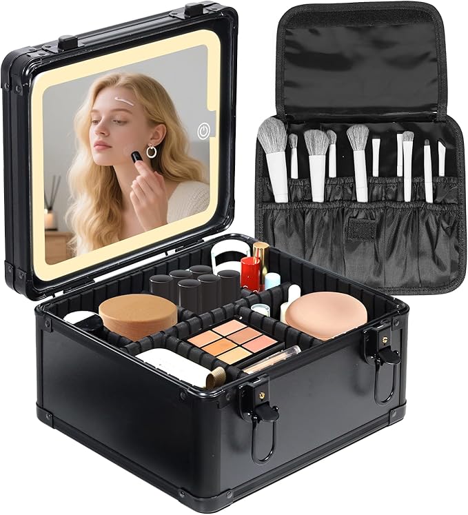 Yenovia Travel Makeup Case with Lighted LED Mirror – Waterproof Cosmetic Organizer with Adjustable Dividers, Portable Makeup Train Case for Women, Black
