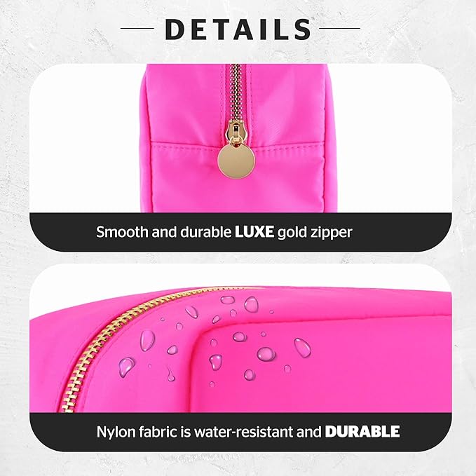Large Pink Makeup Bag – Nylon Cosmetic Pouch, Travel Makeup Organizer Case, Spacious Makeup Bag for Toiletries, Beauty Essentials & Cosmetics