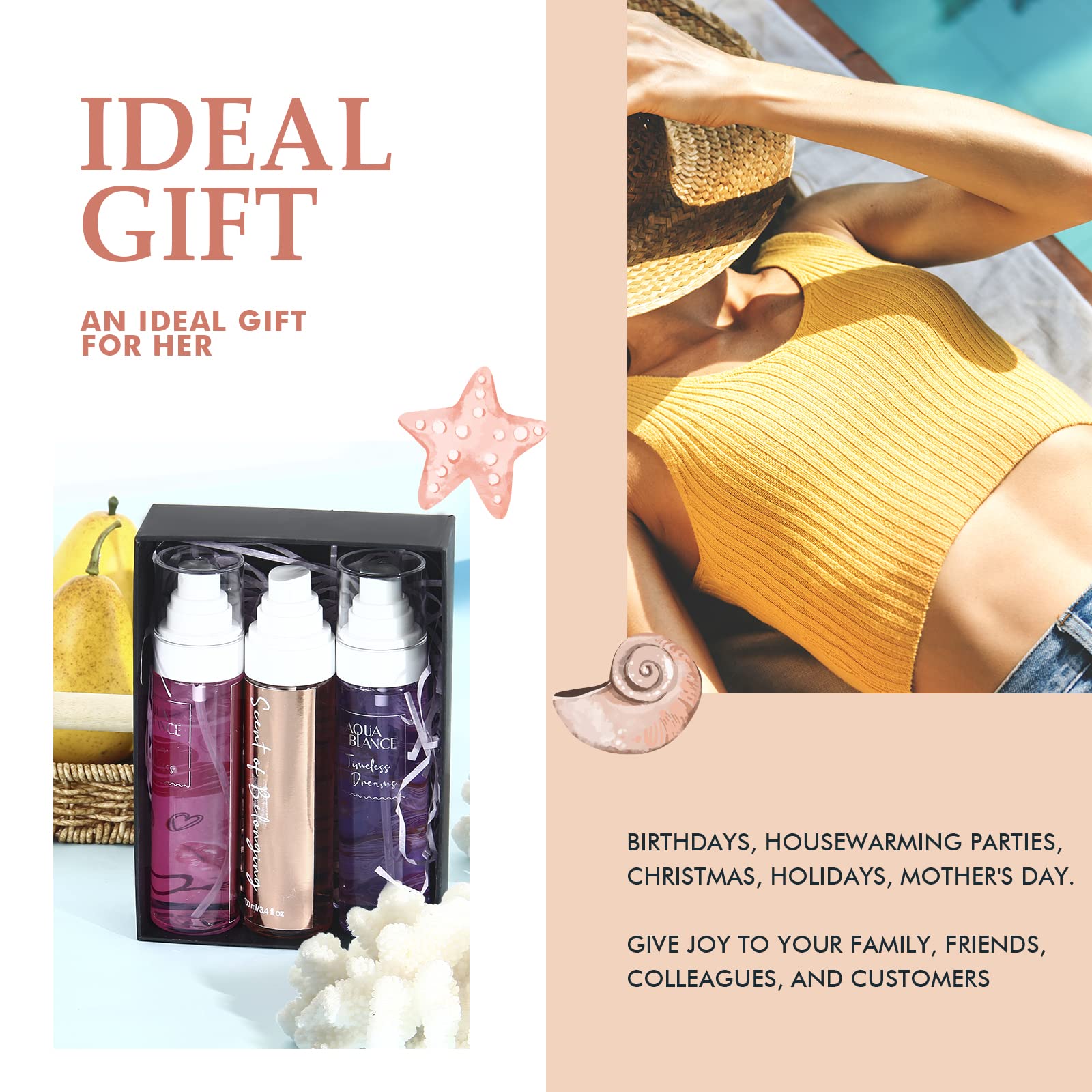 AQUA BLANCE Womens Body Spray, Fragrance Mist Gift Set, Body Spray for Women, Pack of 3, Each 3.4 Fl Oz, Total 10.2 Fl Oz, Dreams