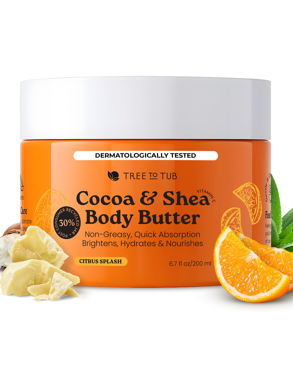 Tree To Tub Shea Body Butter for Dry, Extremely Dry, Sensitive Skin - Moisturizing Body Cream for Women & Men, Hydrating Body Lotion Moisturizer w/Vitamin C, Organic Cocoa, Citrus Scent