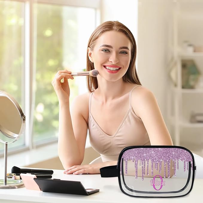KFNHN Personalized Clear Makeup Bag with Name, Best Friends Teen Women Mom Birthday Gift PVC Cosmetic Toiletry Travel Bag for Toiletries, Plum Purple Fluid Shape Sequins