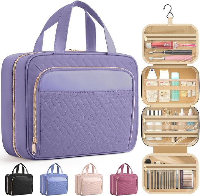 HOTOR Hanging Travel Toiletry Bag Women Men, Light Purple, Medium