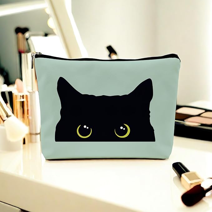 NEGIGA Black Cat Makeup Bag – Cute Cosmetic Pouch Travel Toiletry Bag, Zipper Organizer for Women Girls, Multifunction Cat Lover Gift Purse (Greener Pu Leather)