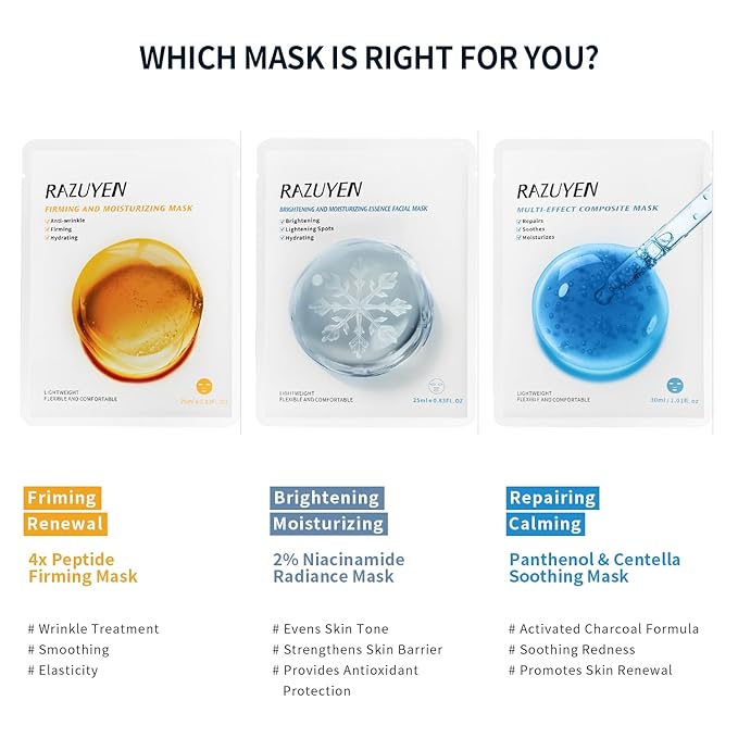 RAZUYEN Brightening & Hydrating Face Mask with Niacinamide, 10 Packs