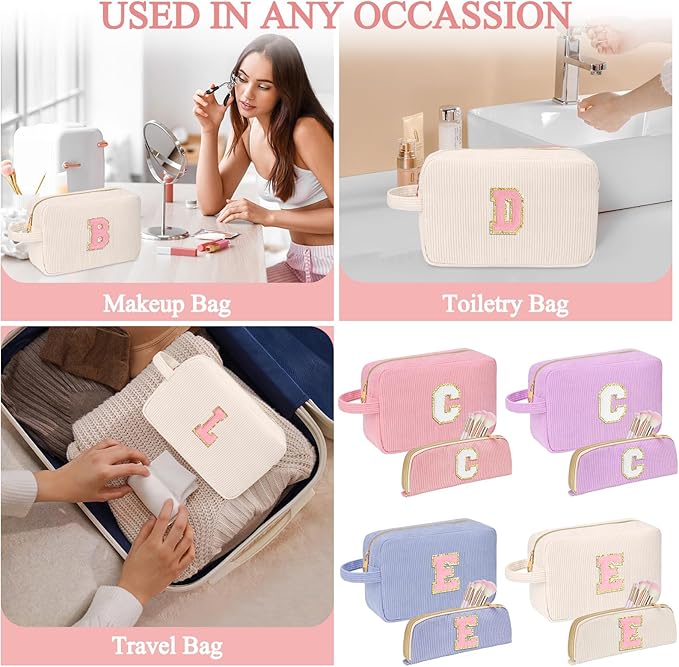 Sernaxi Personalized Initial Makeup Bag Trendy Stuff Corduroy Cosmetic Bag Travel Toiletry Bag, Valentine’s Day Gift Makeup Organizer Case & Makeup Pouch for Women Teen Girls Mom Girlfriend Wife