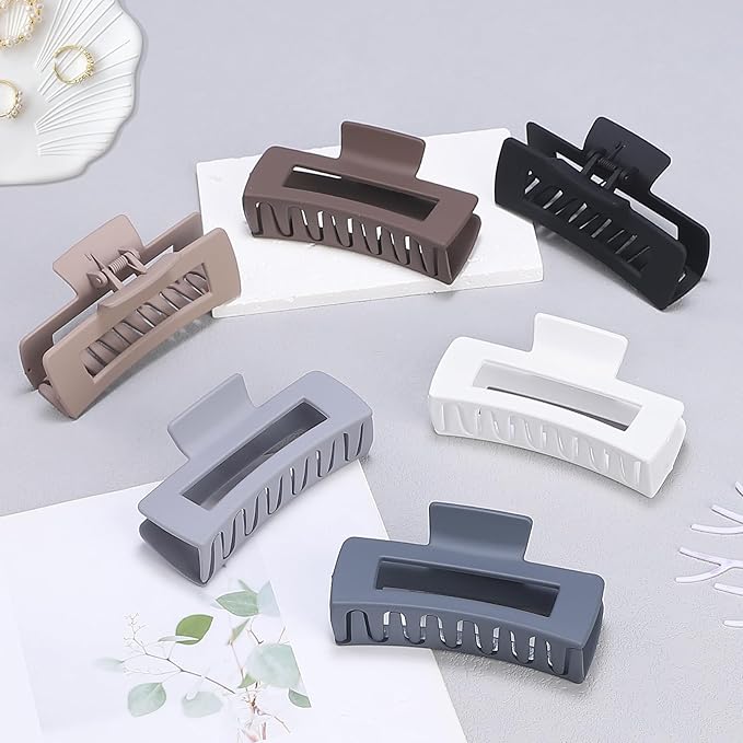 Sisiaipu 4 Inch Big Hair Claw Clips 6 Pcs Large Claw for Thick Hair Square Hair Clips for Women Rectangle Hair Clips Nonslip Acrylic Banana Jaw Clips Hair Accessories for Girls (Brown Grey)