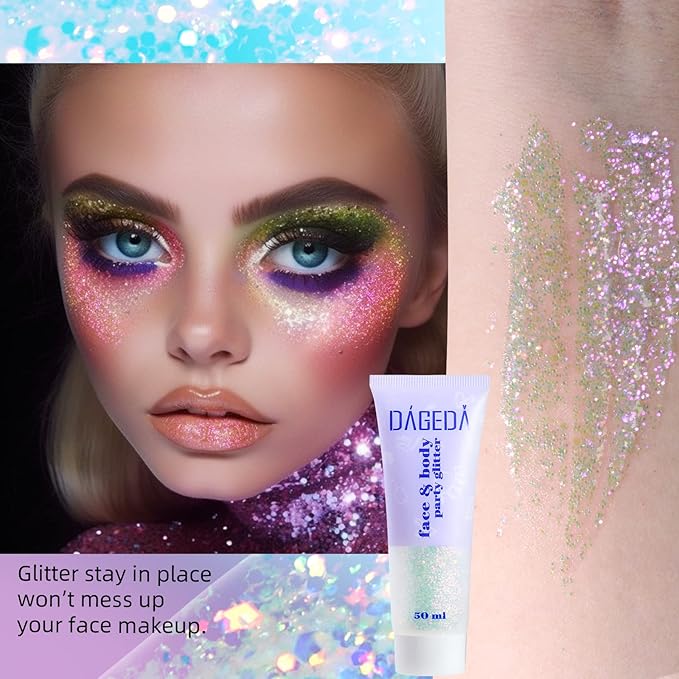 DAGEDA Sparkling Pink Body Glitter Gel, Sparkly Hair Face Glitter Makeup