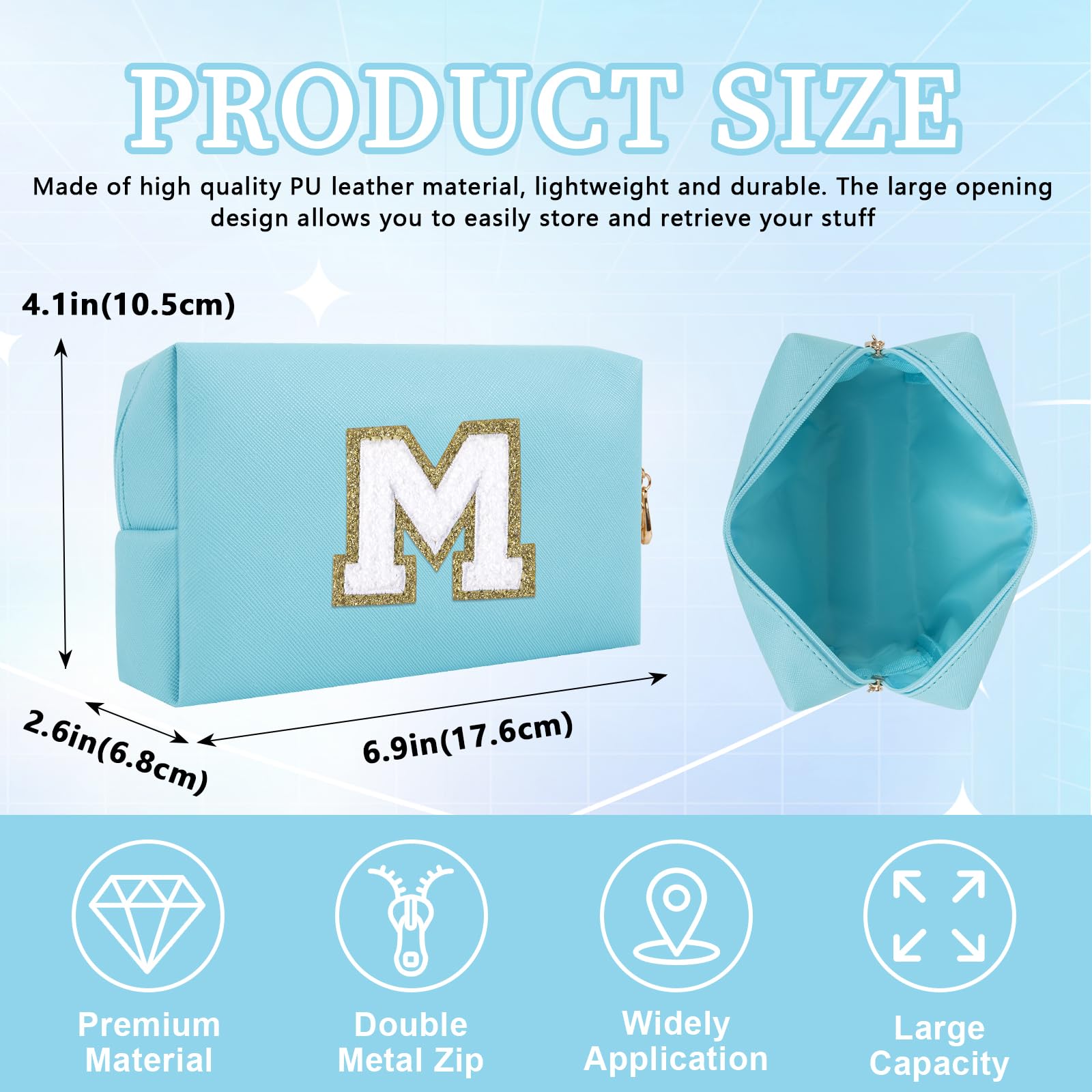 Personalized Initial Letter Patch Makeup Bag, Preppy Portable Chenille Cosmetic Bag with Zipper, PU Leather Waterproof Travel Toiletry Bag Monogram Make Up Pouch for Women Girls