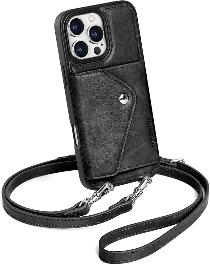 LUCKYCOIN Crossbody Phone Case for iPhone 16 Pro Max, 100% Genuine Leather Phone Wallet Case for Women, Premium Hands-Free Phone Purse with Expandable Flip Card Holder & Adjustable Strap - Retro Black