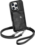 LUCKYCOIN Crossbody Phone Case for iPhone 16 Pro Max, 100% Genuine Leather Phone Wallet Case for Women, Premium Hands-Free Phone Purse with Expandable Flip Card Holder & Adjustable Strap - Retro Black