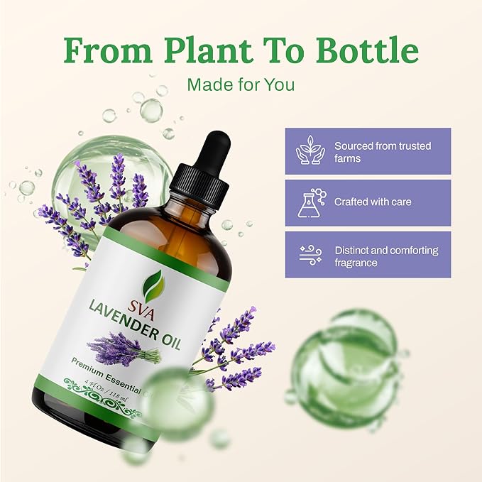 SVA Lavender Essential Oil 4 Fl Oz – for Diffuser, Skin & Hair Care – Ideal for Massage & DIY Blends – with Dropper